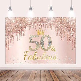 Canessioa 10x8ft Happy 50th Birthday Backdrop, Pink Rose Gold Fabulous Fifty Photography Decoration, 50 Years Old Bday Background, Rose Gold Pink Party Decor Gift for Her