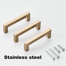 Aibeli 10 Pack Champagne Bronze Cabinet Pulls 3 3/4 Inch Square Drawer Handles Cupboard Handles Brushed Champagne Door Handles Stainless Steel Kitchen Hardware for Cabinets
