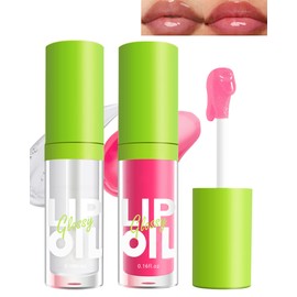 Hydrating Lip Glow Oil-2 Colors Tinted Plumping Lip Oil Gloss,Fat Lip Oil Drip Liquid Lipstick,Clear Pink Shiny Glow Reviver Lip Care Oil,Long Lasting Non-sticky Transparent Lipgloss,Makeup Gift-1+2