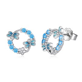 KINGWHYTE Dragonfly Earrings 925 Sterling Silver Flower Animal Earrings Blue Cubic Zirconia Stud Earrings Jewellery Dragonfly Gifts for Women Girls