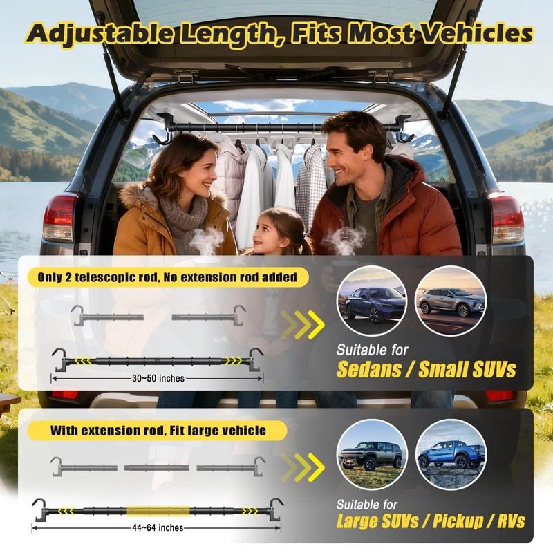 Heavy Duty Car Clothes Hanger Bar 30-64 inches, 4Pcs Additional