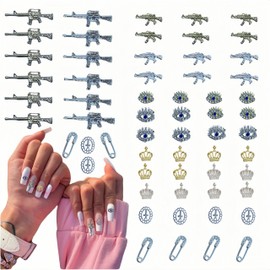 60PCS Junk Case Charms Kit with 10 Styles, Including Gold and Silver Gun Nail Charms, Crown Nail Charms, Pin Charms, Diamond Eyes Charms, 3D Gold Silver Y2K Nail Charms