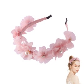 YAFIYGI Flower Headband for Girls Pink Rose Floral Head Band with Flowers Elegant Headbands with Pearls for Women Girl Wedding Party Headdress Non Slip Bands