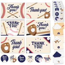 24 Baseball Thank You Cards Baseball with Envelopes & Stickers - 6 Designs Blank Inside Baseball Cards, 6x4in Baseball Themed Thank You Cards, Thank You Cards Baseball Theme, Thank You Coach Card