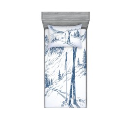Ambesonne Winter Fitted Sheet & Pillow Sham Set, Sketchy Graphic of a Downhill Ski Elements in Snow Relax Calm View, Decorative Printed 2 Piece Bedding Decor Set, Twin, White Blue