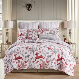 Levtex Home - Winterland Quilt Set - Full/Queen Quilt 88x92and Two Standard Pillow Shams 26x20 - Woodland Christmas - Grey, Red and White - Reversible - Cotton
