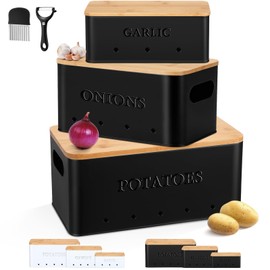Honeydak 3 PCS Potato Onion Garlic Storage Bins Set, Metal Vegetable Keeper Containers with Lids Aerating Holes for Kitchen Counter Pantry Keep Fresh Longer Farmhouse for Sweet-potato Fruits (White)
