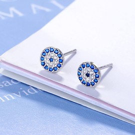 BG&WLing Blue Evil Eye Stud Earrings 925 Sterling Silver Round Earring Studs Hypoallergenic Chic Cubic Zirconia Studs Dainty Jewelry for Women Men (Silver)