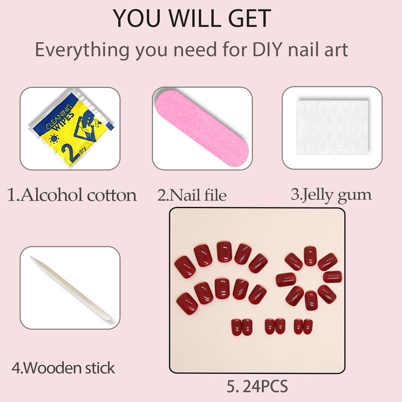 WAFOLOZE Red Press on Nails Short, 24pcs Nails Press on