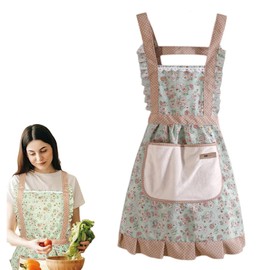 Floral Kitchen Apron with Pockets, Pink Apron, Flower Neck Aprons, Cotton Chef Apron for Baking, Kitchen Aprons for Women, Easy Clean Kitchen Cooking Aprons for Cooking, Gardening