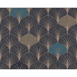 CONCORD WALLCOVERINGS ™ Textured Wallpaper Vintage Art Deco Pattern, Black Blue Gold, 21 in x 33 Ft (56 sq. ft), 374833