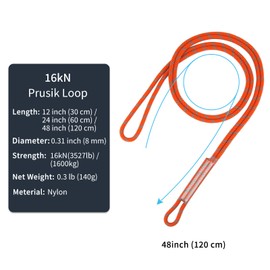 NewDoar 8mm (5/16") Prusik Cord Pre-Sewn, 16KN(3527 lb)(1600KG) Nylon Prusik Loop, 3 Sizes Multipurpose Rope for Outdoor Climbing Arborist Rescue Mountaineering Rope（48in/120cm/3pcs）