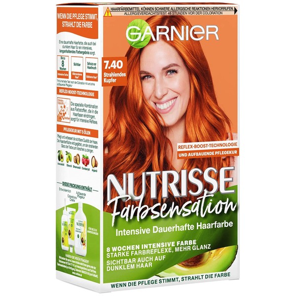 Garnier Nutrisse Nourishing Intensive Tint with Nourishing Fruit Oils, Colouration with 8 Weeks Hold, Colour Sensation Hair Colour, 7.40 Radiant Copper