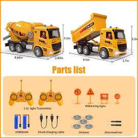 AISYAH Rechargeable Remote Control Dump Truck and Cement Mixer Toy Truck - Construction Vehicles Site for Kids Engineering Toys Playset for Boys Girls, Birthday Gifts for Toddlers