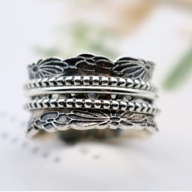 ENERGY STONE 925 Sterling Silver Fidget Ring | Women Spinner Ring | Chrysanthemum | Enduring Autumn Flower For Unyielding Spirit | Triple Silver Spinner Bands | Designer Statement Ring | Size 10