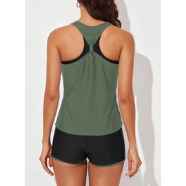 Aleumdr Womens Athletic 3 Piece Tankini SwimsuitsTummy Control Bathing Suits with Shorts Modest Tank Tops Green Small
