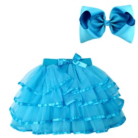 BGFKS 4 Layered Tulle Tutu Skirt for Girls with Hairbow or Birthday Sash,Girl Ballet Tutu Skirt (Blue, 5-7 Years)