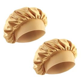 Kellegour Pack of 2 Silk Caps for Sleeping, Satin Hair Cap, Adjustable Sleep Cap, Women's Satin Bonnet Sleep Cap, Silk Sleep Cap, Satin for Women and Girls, Curly Natural Hair (Golden), golden