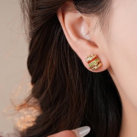 Kokoma Cute Hamburger Stud Earrings, Gold Plated Sterling Silver Posts Cubic Zirconia Small Earrings Statement Studs Fashion Ear Jewelry Birthday