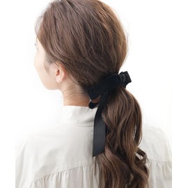 VINGTAINE H-493-BK-CAFF Velvet, Satin, Long, Ribbon, Pony Hook, Hair Elastic, Hair Cuff, Hair Hook, Adult Cute, Elegant, Women's, black (hair cuff)