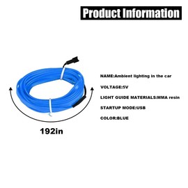 EL Wire Interior Car LED Strip Lights, USB Car Neon Light Strip with Sewing Edge, 16FT Neon Light 5V with Fuse Protection, Electroluminescent Car Indoor Decorations (Blue)