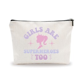 Makeup Bag For Girls - Girls Are Superheroes Too - Pink Girl Theme Positive Quotes Cosmetic Bag, Encouraging Gift For Women, Girls, Sister, Cotton Linen Makeup Bag, Women Accessories & Decorations-08