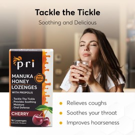 P.R.I Manuka Honey Lozenges with Propolis, Soothing Cough and Throat Drops, MGO 300+ Certified (Cherry, 16 Count/2 Pack)