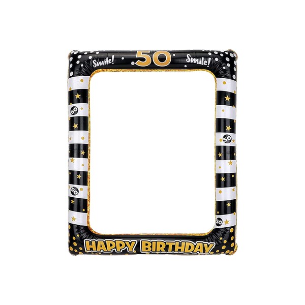 Andiker Inflatable Picture Frame, Black Gold Happy Birthday Photo Booth Props for Women Men 50th Birthday Party Decoration (Black Gold, 50)
