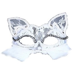 Himine 2 Pieces Masquerade Party Performances Lace Cat Girl Mask (White)