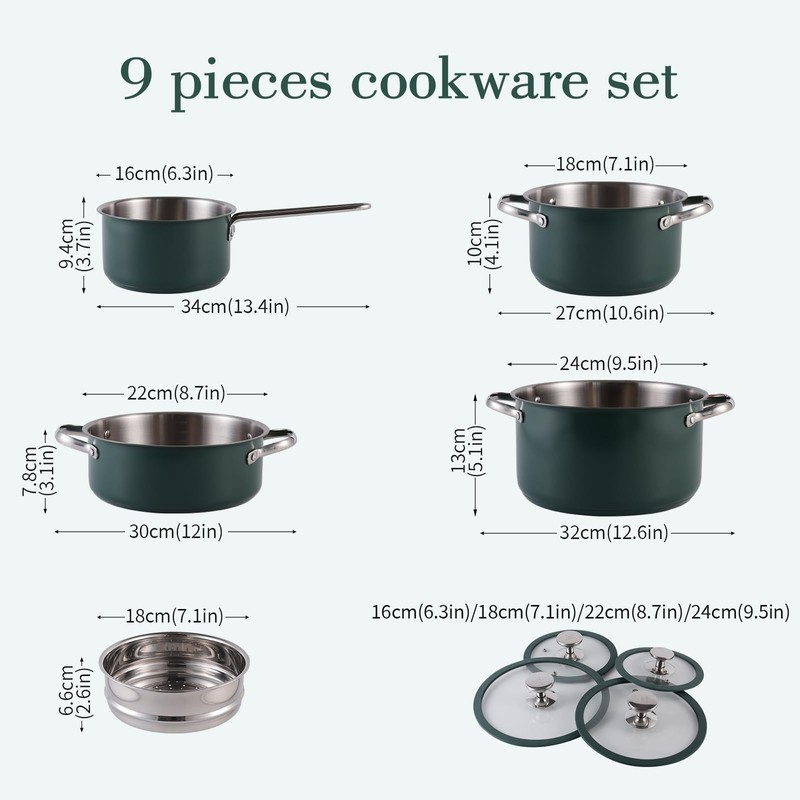PUCOHOUSE 9pcs 304 Stainless Steel Cookware Set with Ceramic Coating
