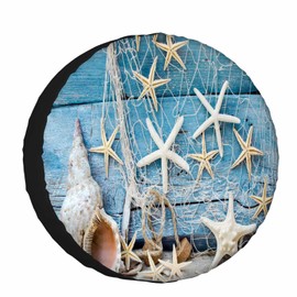 NOMEDOGYIm Starships and Seashells Spare Tire Cover 15 inch for RV Trailer Starfish and Fishnet Wheel Protectors Weatherproof Polyester Tire Case for All Cars SUV Camper Travel
