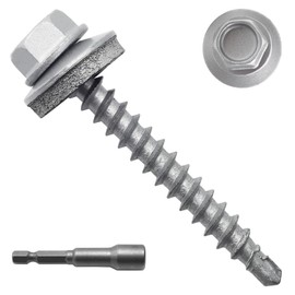 JEGONFRI 250pcs #10 x 1-1/2" Galvanized Hex Head Self-Drilling Metal Roofing Screws, EPDM Washer, No Paint, Sheet Metal Roof Screw with Hex Driver Bit