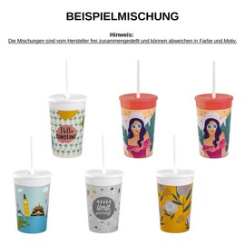 Engelland 6 x Plastic Cups with Lid and Straw, BPA-Free, Colourful Mix, Drinking Cups, Party Cups, Plastic, Drinking Glasses, Reusable, 0.33 Litres