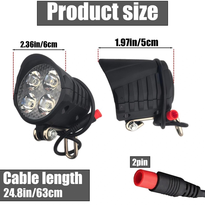 2PCS 36V 48V Ebike Headlights with 2-Pin Connectors Fit for