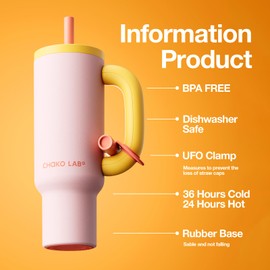 CHAKO LAB BaWang Insulated Stainless Steel Tumbler | Tumbler with Handle and Straw 33oz | Cup Holder Friendly for Travel | Leakproof Water Bottle | BPA-Free | Ceramic liner| pink＆yellow