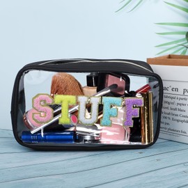 CHRIMISS Preppy Patch STUFF Makeup Bag Chenille Letter Cosmetic Bag for Women, Transparent PVC Zipper Patch Bags Organizer Waterproof Portable Travel Makeup Bag for Women Girls Teens (Black)
