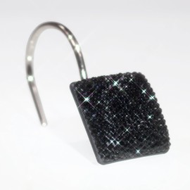 Black Shower Curtain Hooks Rings: Bling Glitter Sparkle Shiny Crystal Diamond Decorative Christmas Shower Curtain Rings - Luxury Fancy Glam Square Rhinestones Curtain Hangers for Bathroom - Set of 12