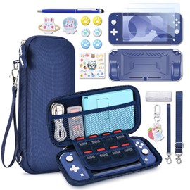 InnoAura Switch Lite Funda 15 en 1 Switch Lite Accesorios Paquete con funda de transporte, funda de juego, protector de visualización, soporte, empuñaduras para pulgar (azul)