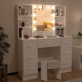 Large Makeup Vanity Desk, Vanity Table with LED Mirror Lights, 7 Drawers, 6 Open Shelves, White Makeup Vanity for Women and Girls, 100x140x40 cm Bedroom Table for Women and Girls