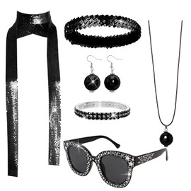 6 Pcs 70s Disco Accessories Women Disco Costume Jewelry Disco Sequin Scarf Headband Diamond Bracelet Ball Necklace Earring Glasses