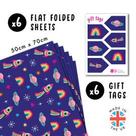 CENTRAL 23 Outer Space Wrapping Paper - Purple - 6 Sheets Of Gift Wrap - Space Ship Planet Star Rainbow - Girls Birthday Wrapping Paper - Recyclable