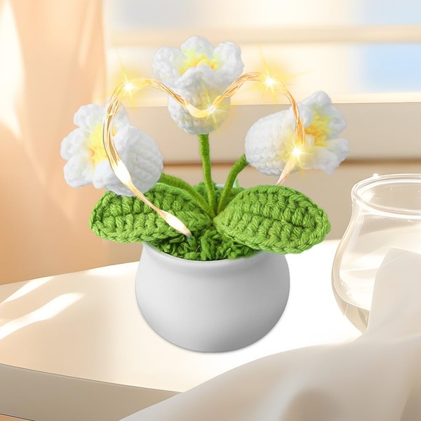 CLIUNT Knitted Flowers, Handmade Knitted Crochet Flower with LED Lights, Handmade Potted Plant, Exquisite Knitted Flowers, Gifts for Women for Mother's Day, Valentine's Day, Anniversary (B)