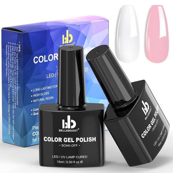 BELLEBOOST 2 PCS 15ml MILKY WHITE and NUDE PINK Long Lasting Color Gel Polish Soak-off LED/UV Lamp Cured Nail Art Manicure for Salon and Home DIY Use