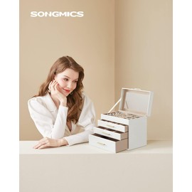 SONGMICS Jewelry Box Organizer with Glass Lid, 4-Layer Jewelry Storage, with 3 Drawers, Modern Style, 6 x 9.9 x 8.5 Inches, Cloud White and Gold Color UJBC161W01