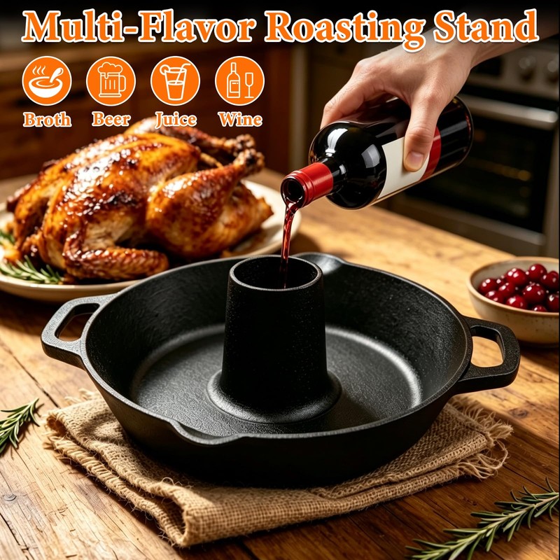 Vertical Cast Iron Chicken Roaster with Drip Pan for Juicy