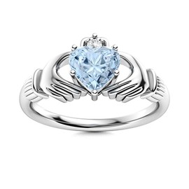 Irish Claddagh Ring 5MM Heart Shape Aquamarine Solitaire Women Wedding Ring 925 Sterling Silver Easter Jewelry Sterling Silver, 9