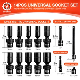 BLACKROBOT 3/8" Drive Swivel Socket Set, 14 Pieces Deep Universal Impact Socket Set, Metric(10-19mm) Flexible Wobble Socket Set, 6 Point, CR-MO, 3", 6" Extension Bars, Socket Adapter