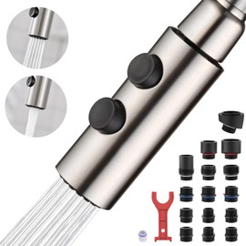 TIORIY Metal Kitchen Faucet Head Replacement, Pull Down Spray Head with 15 Adapters, 2 Function Kitchen Sink Spray Nozzle, Stainless Steel, Brushed Nickel