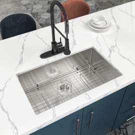 Kitchen Sink 30x18 Inch Undermount Sink Stainless Steel 16 Gauge Single Bowl Kitchen Sinks Set (5 Item Bundle: Sink, Bottom Grid, Drain Assembly, Drain Cap, Towel)