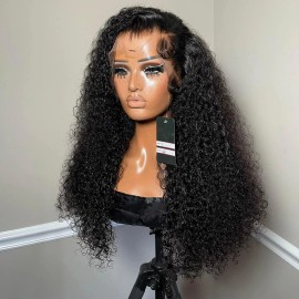 Brazilian Hair Water Wave Lace Front Wig Remy 180% Density Transparent for Lace Brown Highlights Long Length Womenstyle: Kinky Curl, color: Black, stretched length: 26 Inches, Lace Size: 13*4